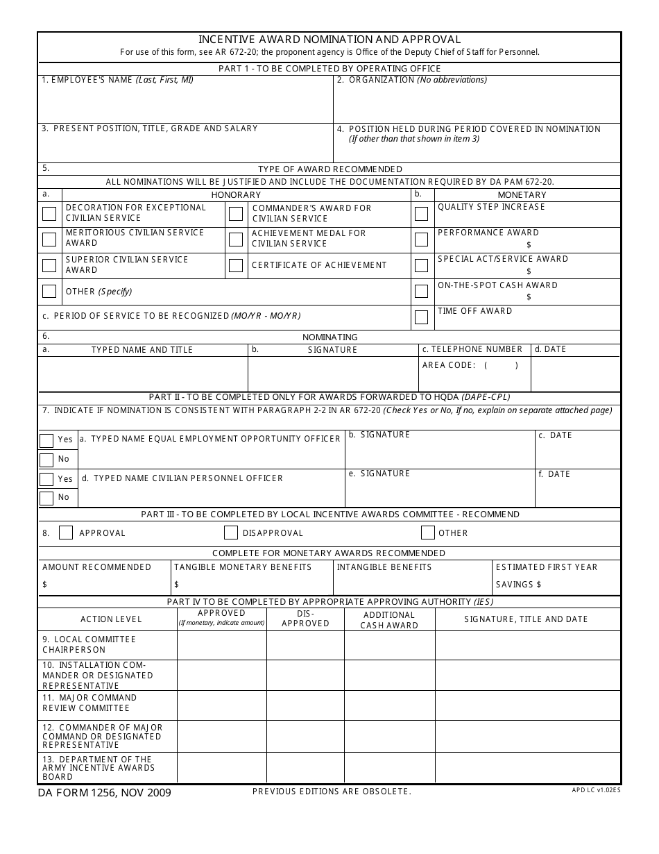 DA Form 1256 Fill Out, Sign Online and Download Fillable PDF