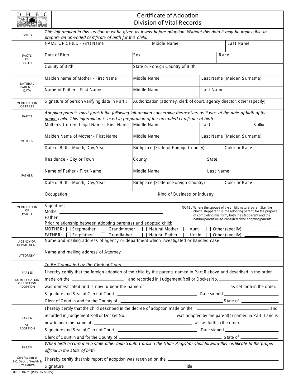 DHEC Form 0671 Certificate of Adoption - South Carolina, Page 1