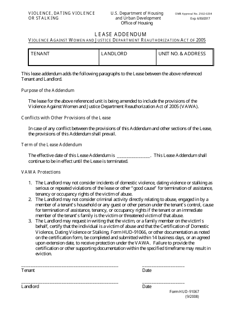 Form HUD-91067 Lease Addendum - Violence Against Women and Justice Department Reauthorization Act of 2005