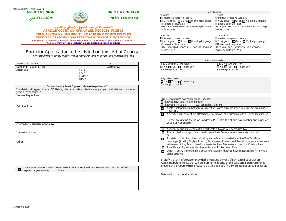 Form AfCHPR-LA / APLC / 001 E Form for Application to Be Listed on the List of Counsel - Tanzania, Page 1