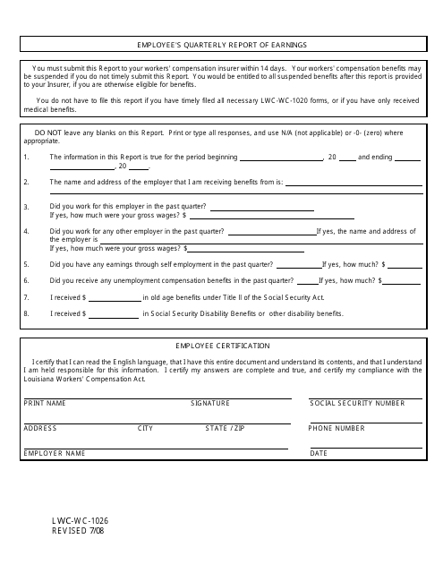 Form LWC-WC-1026 Employee's Quarterly Report of Earnings - Louisiana