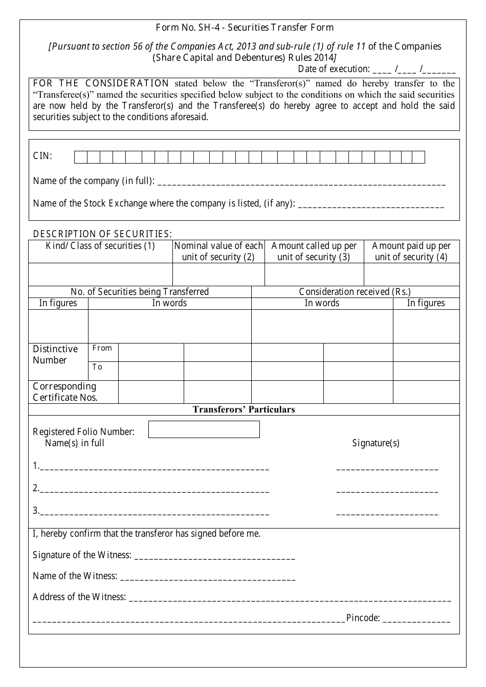 Securities Transfer Form - India, Page 1