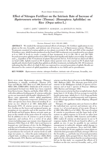 Effect of Nitrogen Fertilizer on the Intrinsic Rate of Increase of Hysteroneura Setariae (Thomas) (Homoptera: Aphididae) on Rice (Oryza Sativa L.) - Gary C. Jahn, Liberty P. Almazan, Jocelyn B. Pacia
