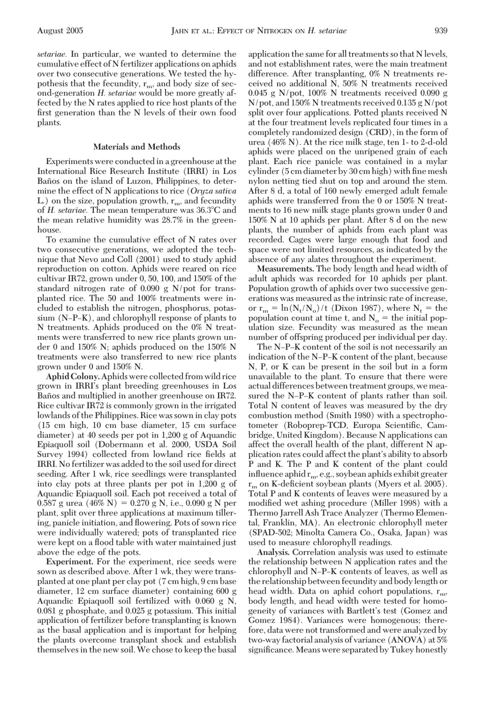 Effect of Nitrogen Fertilizer on the Intrinsic Rate of Increase of Hysteroneura Setariae (Thomas) (Homoptera: Aphididae) on Rice (Oryza Sativa L.) - Gary C. Jahn, Liberty P. Almazan, Jocelyn B. Pacia, Page 2