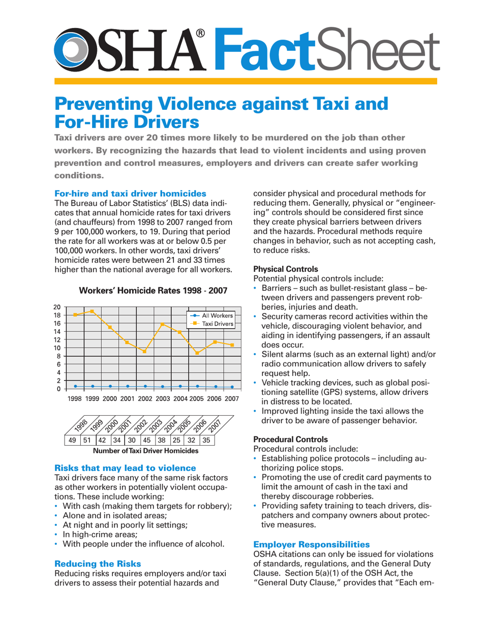 Preventing Violence Against Taxi and for-Hire Drivers Fact Sheet, Page 1