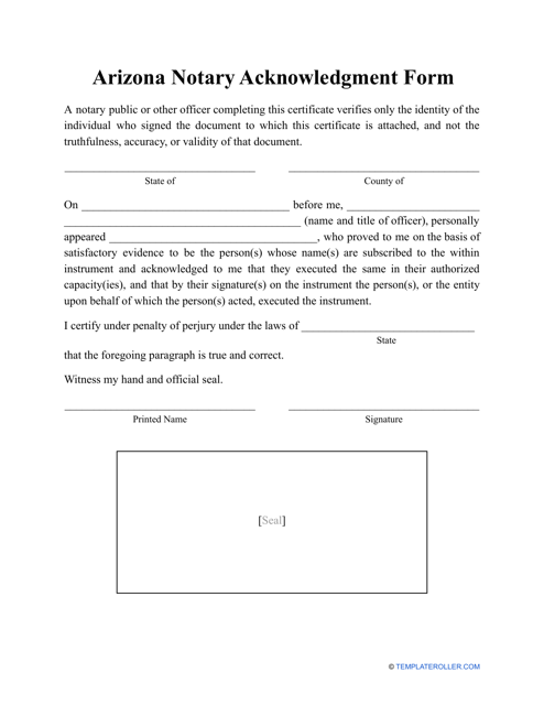 Notary Acknowledgment Form - Arizona Download Pdf