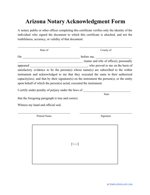 Arizona Notary Acknowledgment Form Fill Out Sign Online And Download Pdf Templateroller 