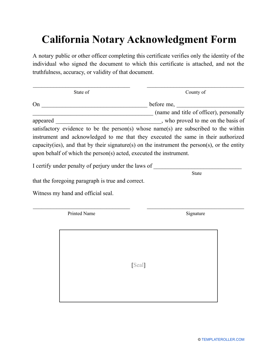 Notary Acknowledgment Form - California, Page 1