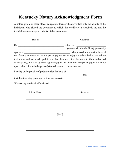 Notary Acknowledgment Form - Kentucky Download Pdf