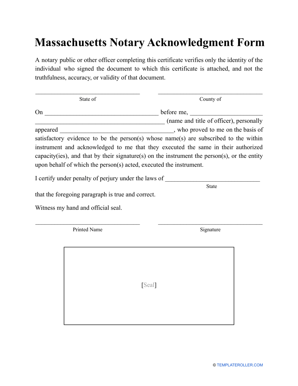 Notary Acknowledgment Form - Massachusetts, Page 1