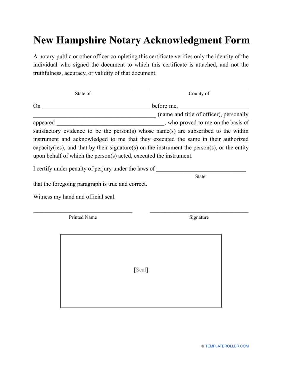 Notary Acknowledgment Form - New Hampshire, Page 1