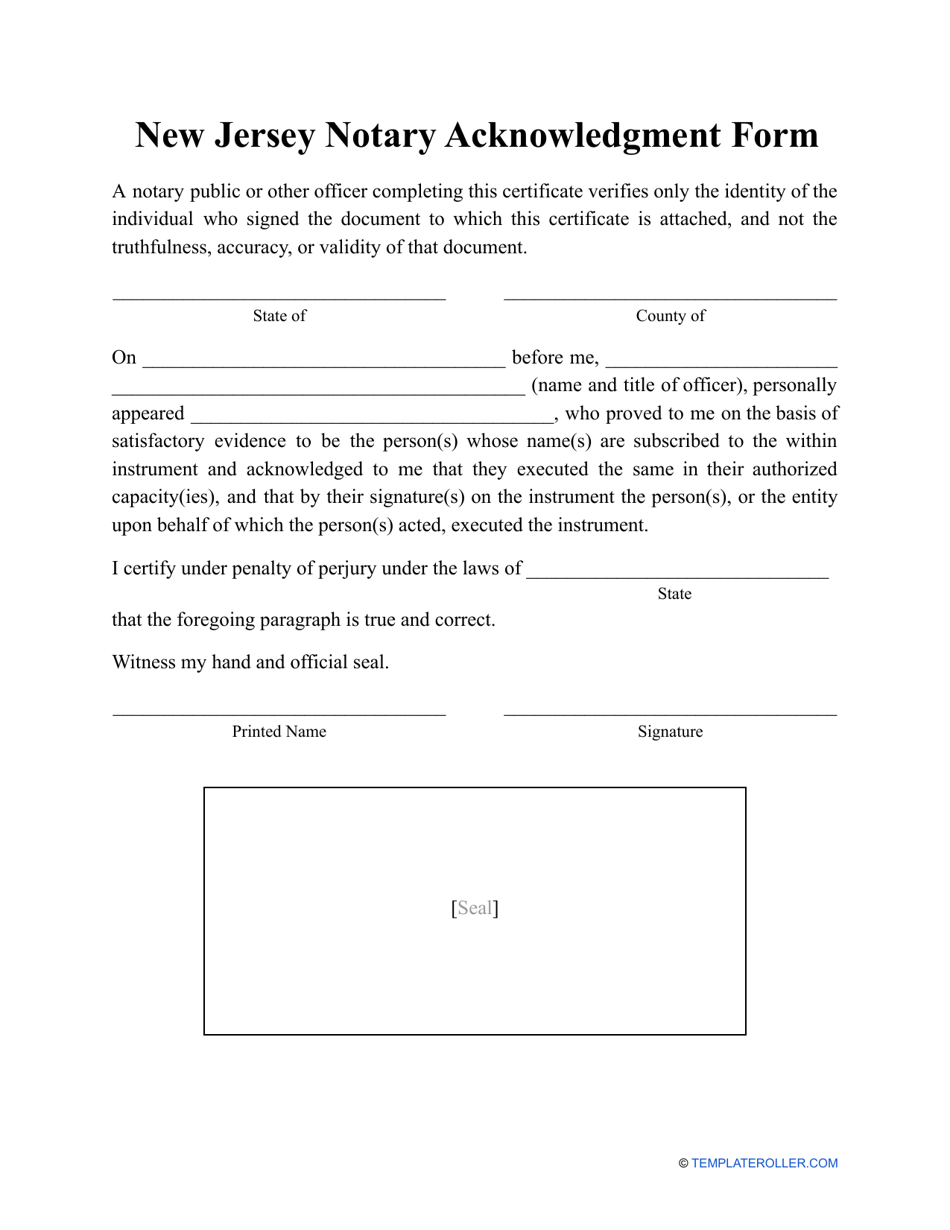 Notary Acknowledgment Form - New Jersey, Page 1