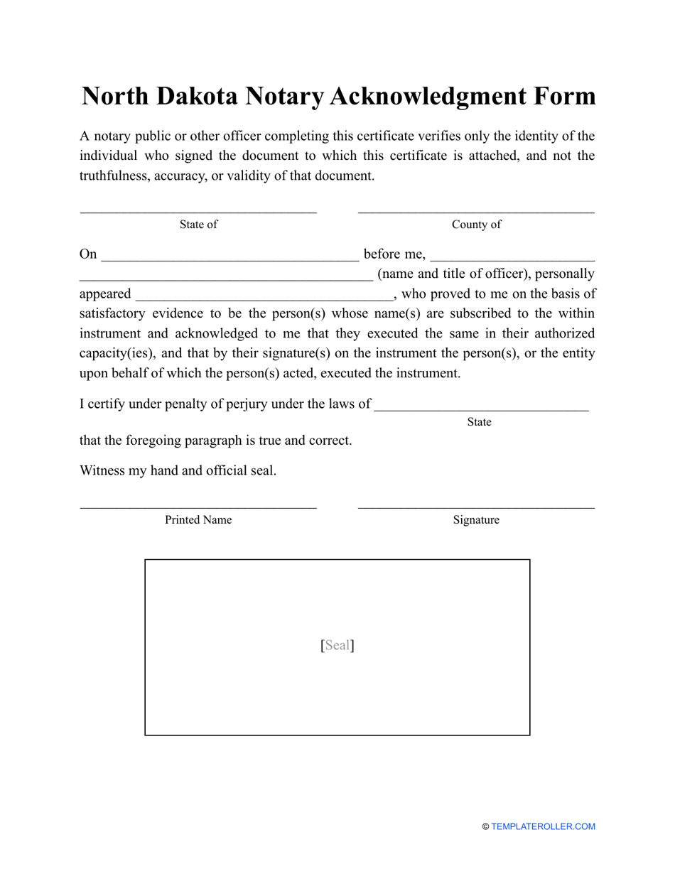 Notary Acknowledgment Form - North Dakota, Page 1