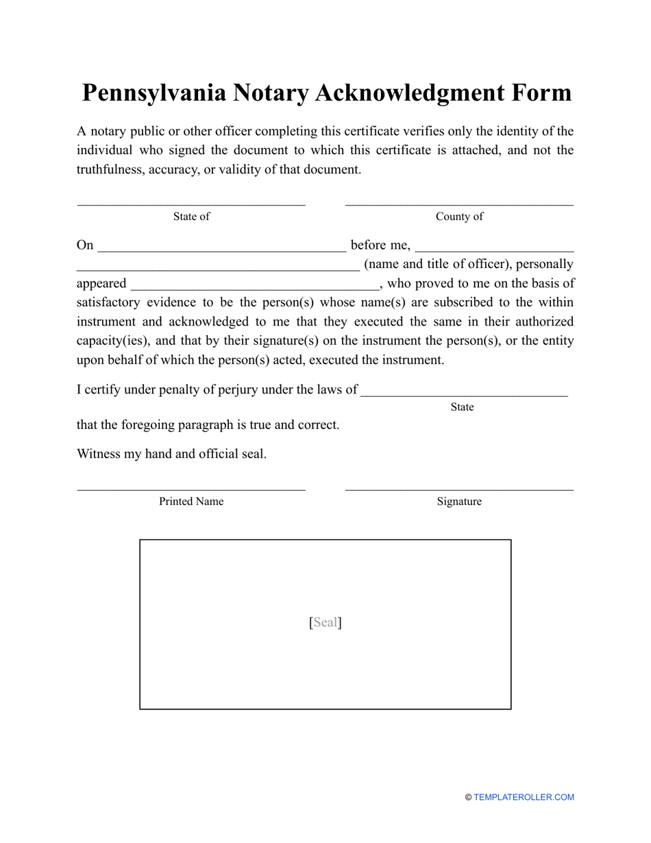 Notary Acknowledgment Form - Pennsylvania, Page 1