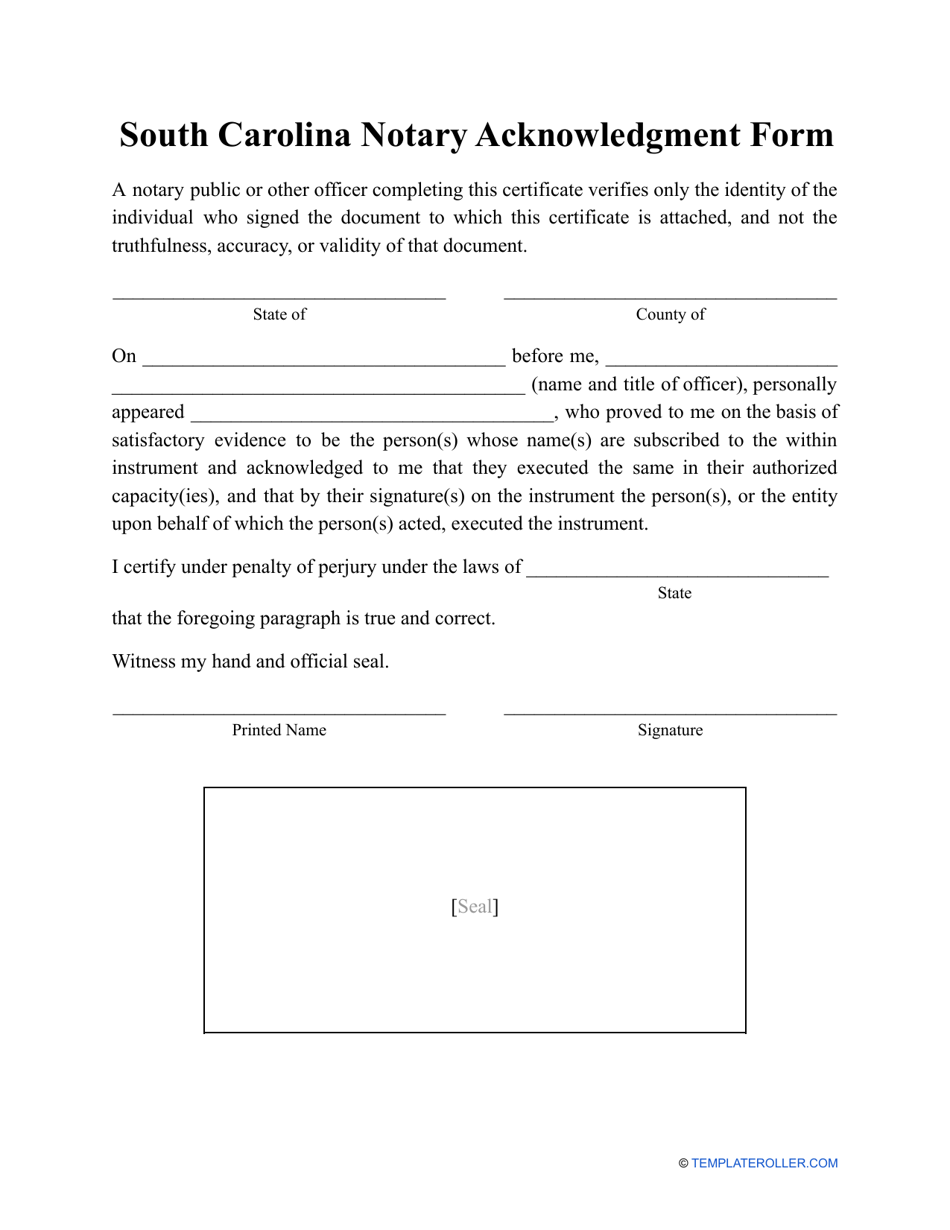 Notary Acknowledgment Form - South Carolina, Page 1