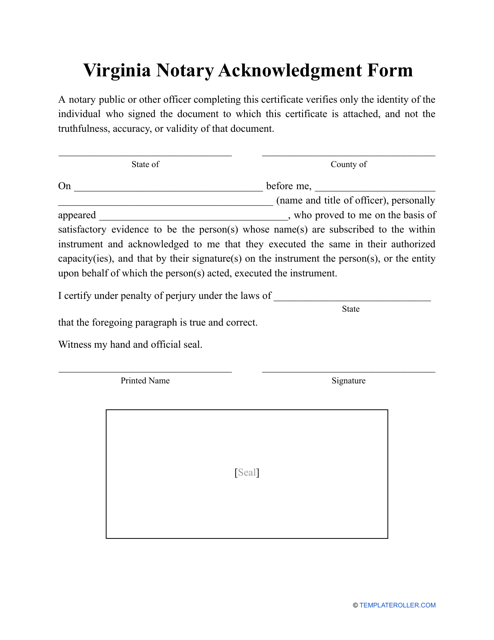 Notary Acknowledgment Form - Virginia Download Pdf