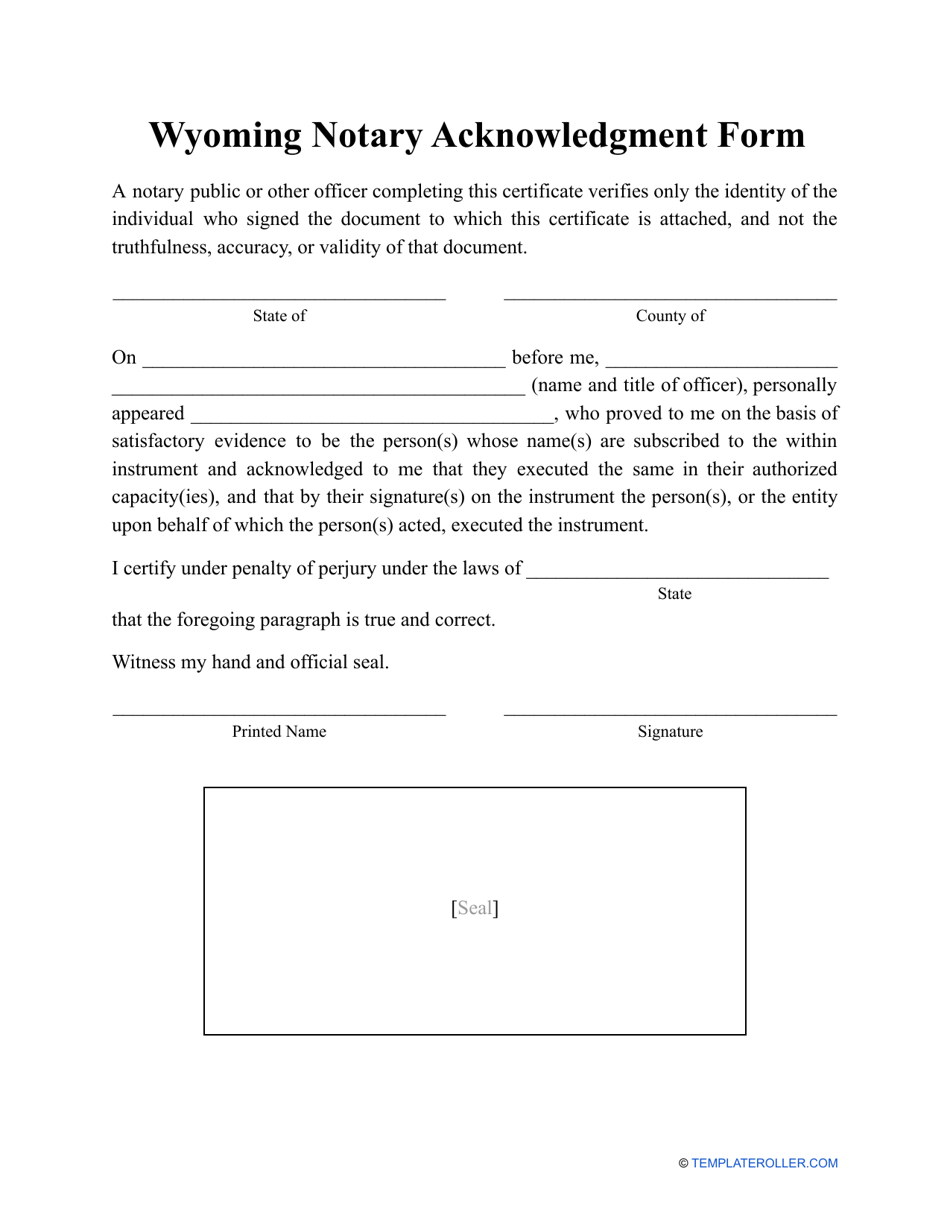 Notary Acknowledgment Form - Wyoming, Page 1