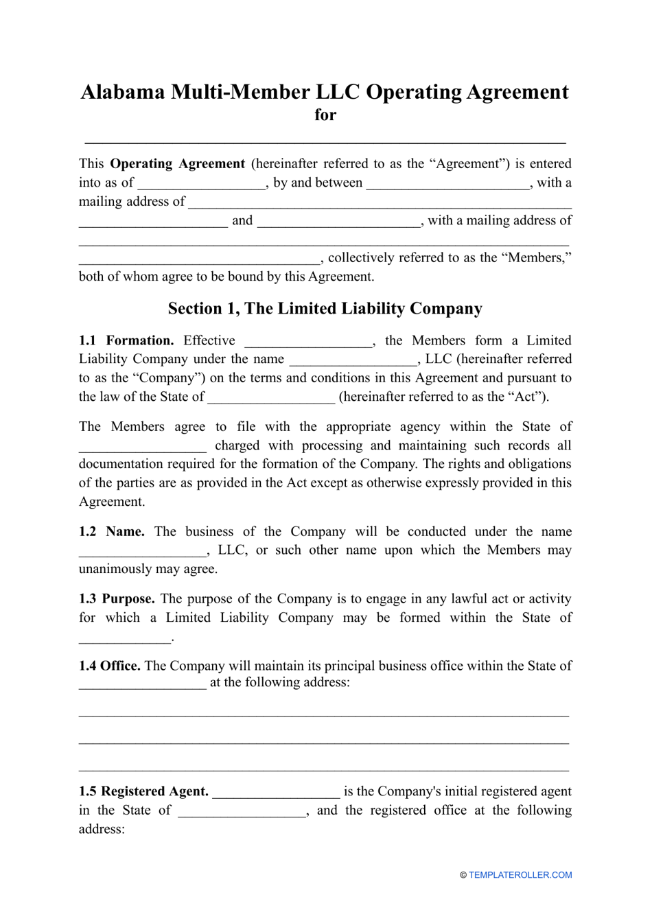 Multi-Member LLC Operating Agreement Template - Alabama, Page 1