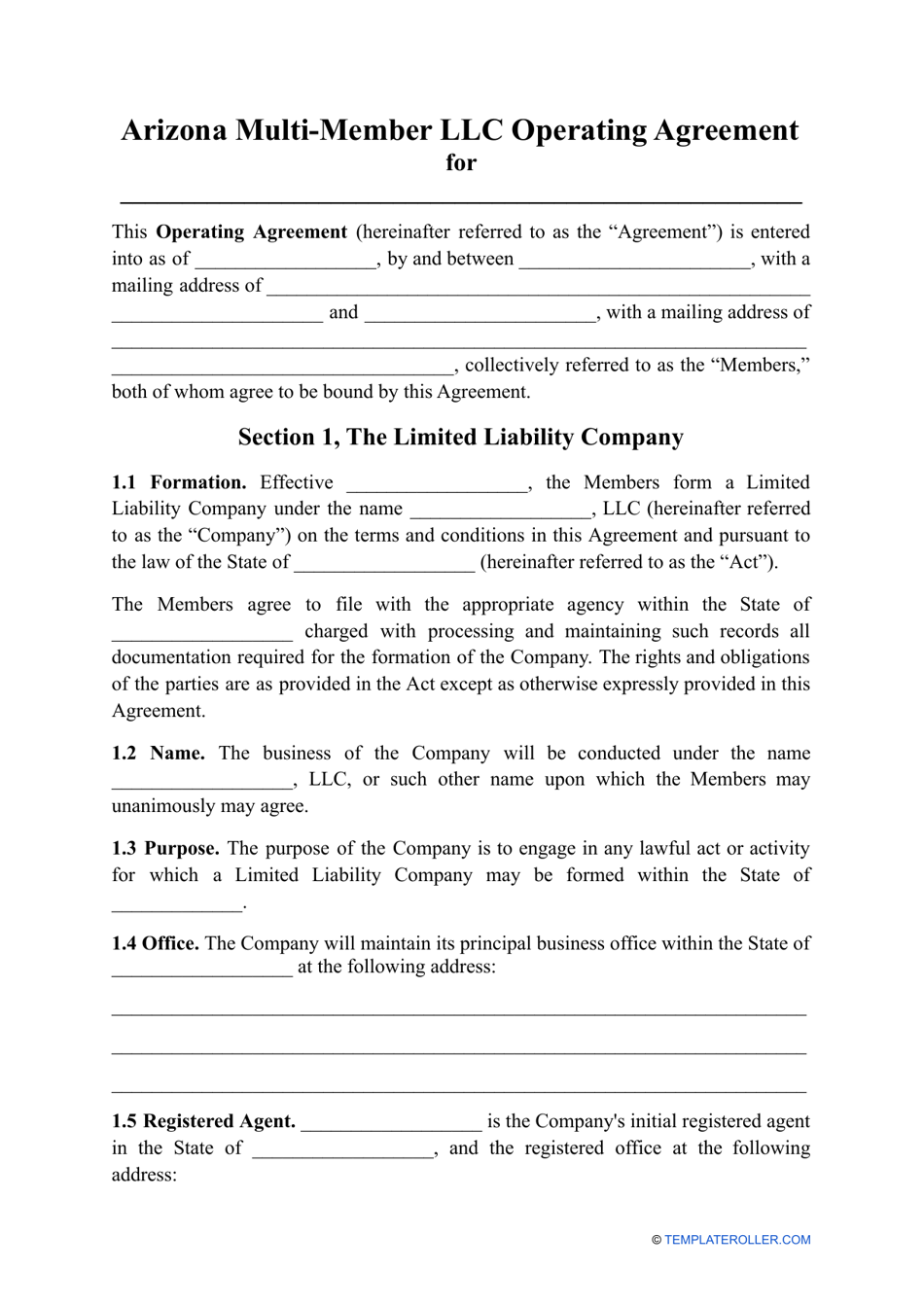 Multi-Member LLC Operating Agreement Template - Arizona, Page 1