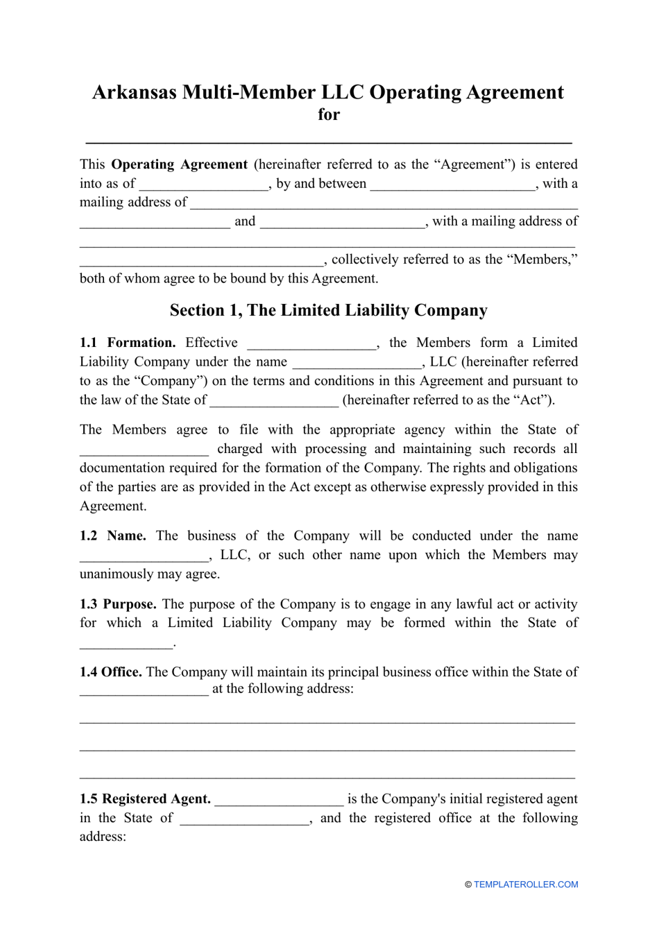 Multi-Member LLC Operating Agreement Template - Arkansas, Page 1