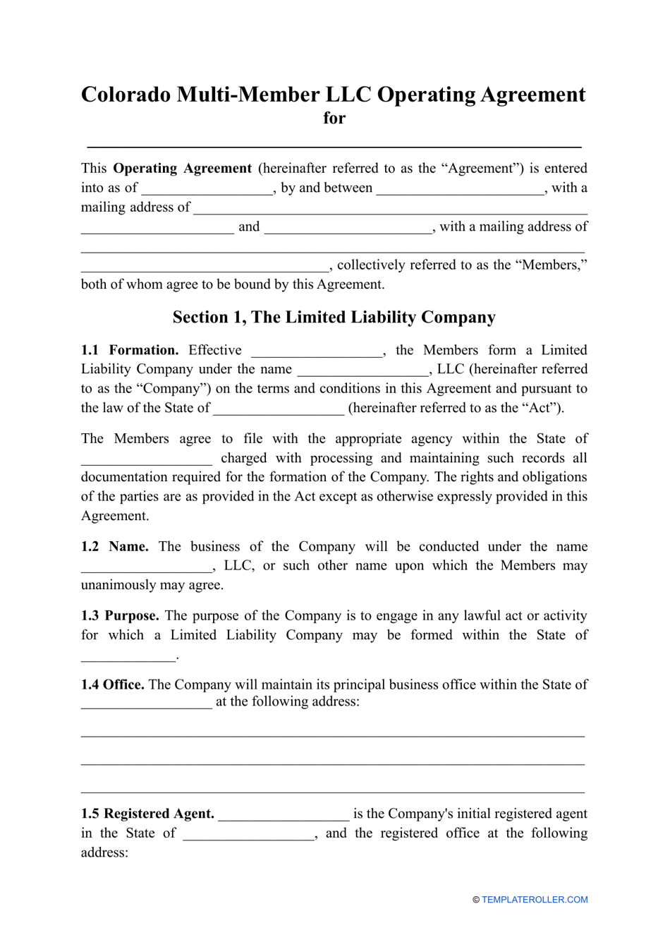 Multi-Member LLC Operating Agreement Template - Colorado, Page 1