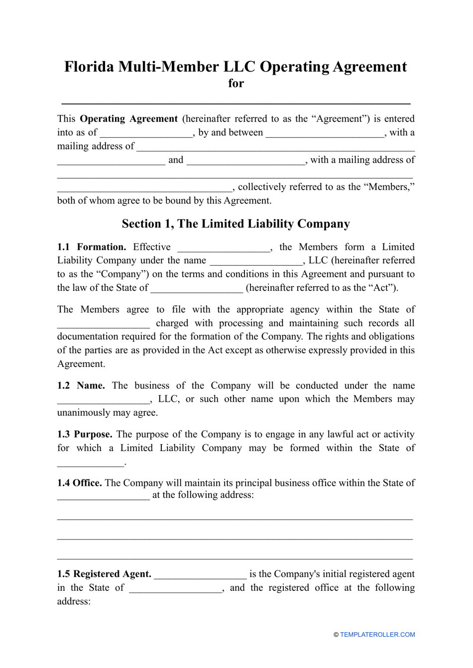 Multi-Member LLC Operating Agreement Template - Florida, Page 1