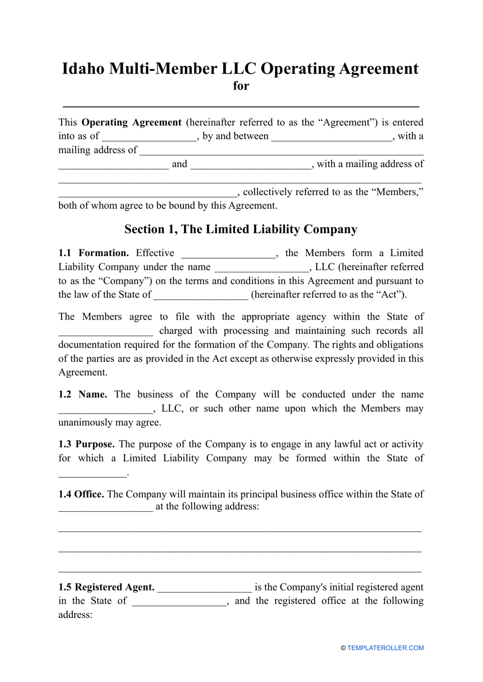 Idaho MultiMember LLC Operating Agreement Template Fill Out, Sign