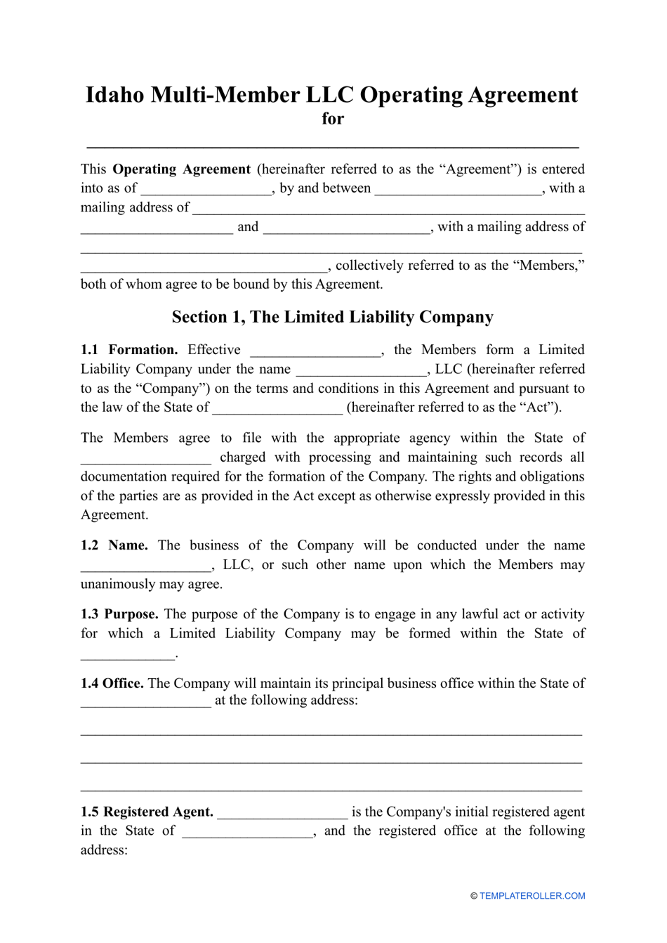 Multi-Member LLC Operating Agreement Template - Idaho, Page 1