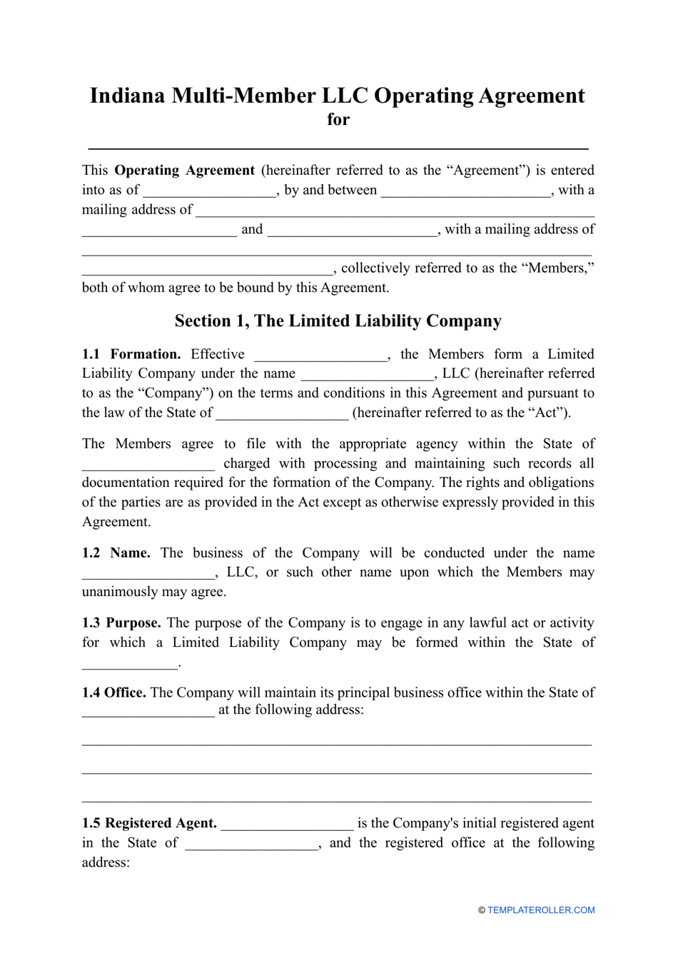 Multi-Member LLC Operating Agreement Template - Indiana, Page 1