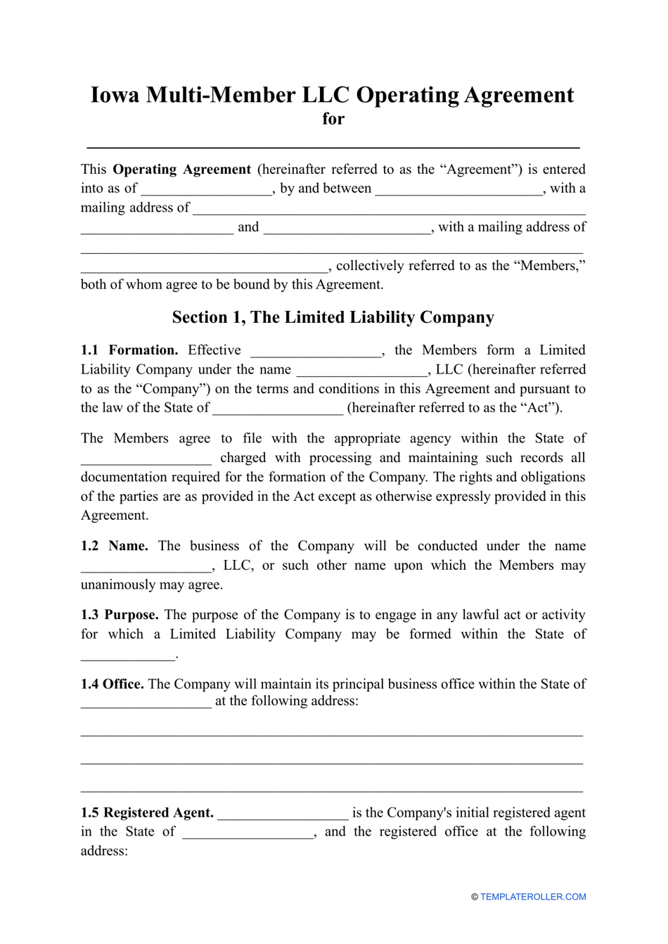 Multi-Member LLC Operating Agreement Template - Iowa, Page 1