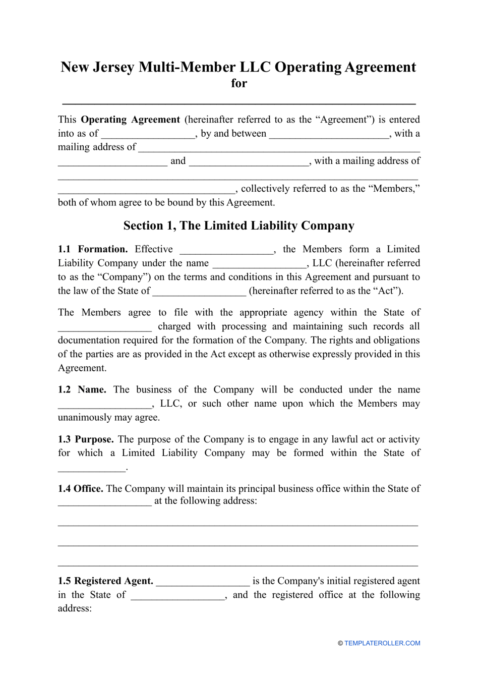 Multi-Member LLC Operating Agreement Template - New Jersey, Page 1