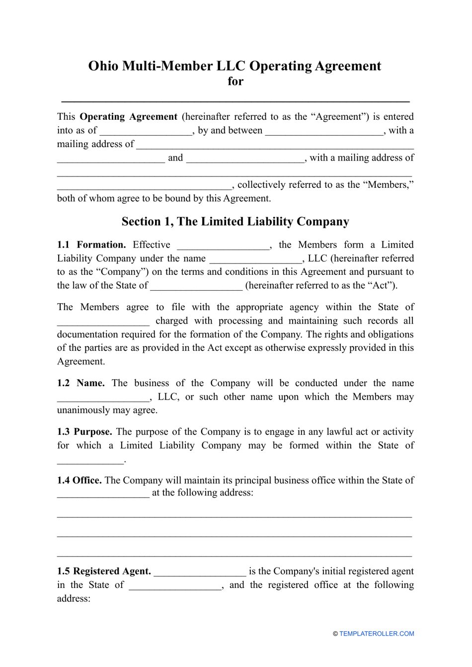 Ohio Multi-Member LLC Operating Agreement Template Download Printable ...