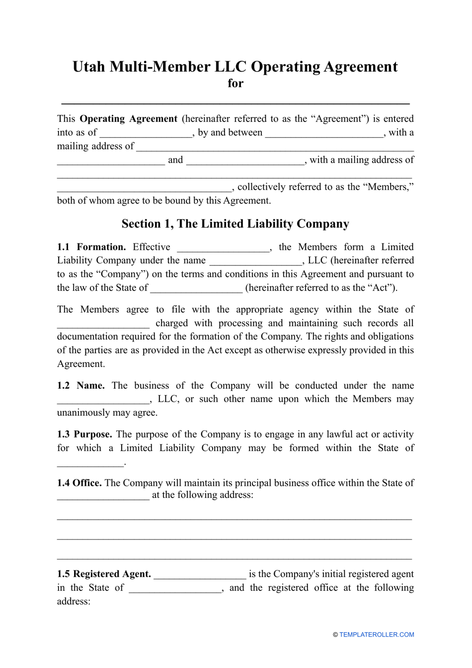 Multi-Member LLC Operating Agreement Template - Utah, Page 1
