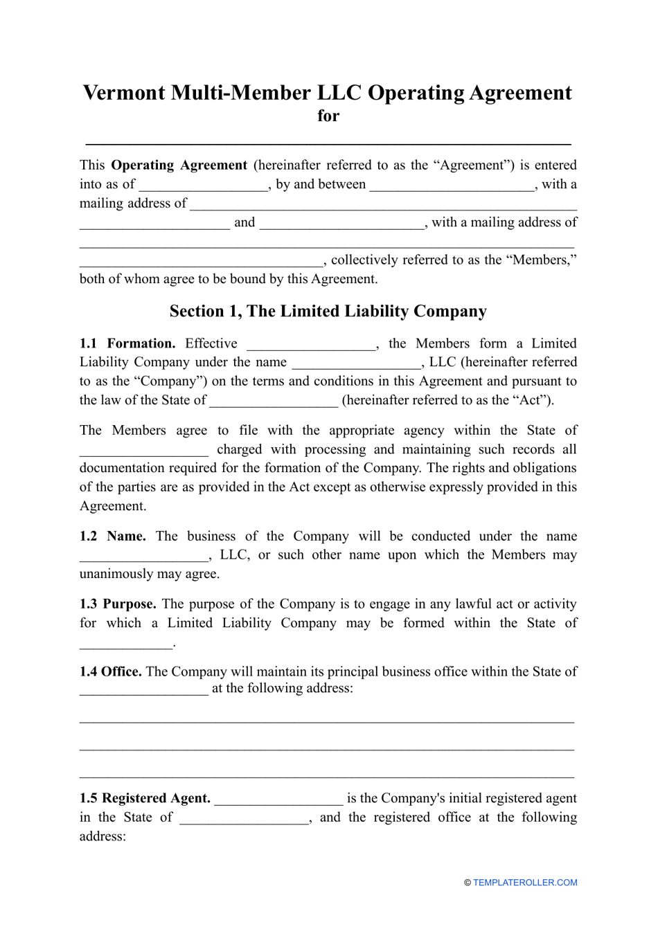 Multi-Member LLC Operating Agreement Template - Vermont, Page 1