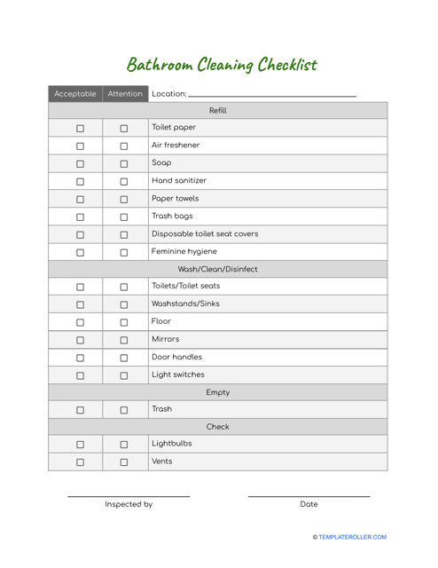 Bathroom Cleaning Checklist Template