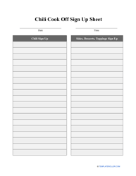 Document preview: Chili Cook off Sign up Sheet Template