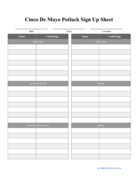 Document preview: Cinco De Mayo Potluck Sign up Sheet Template