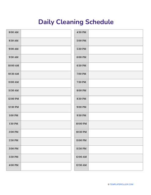 Daily Cleaning Schedule Template - Table Preview