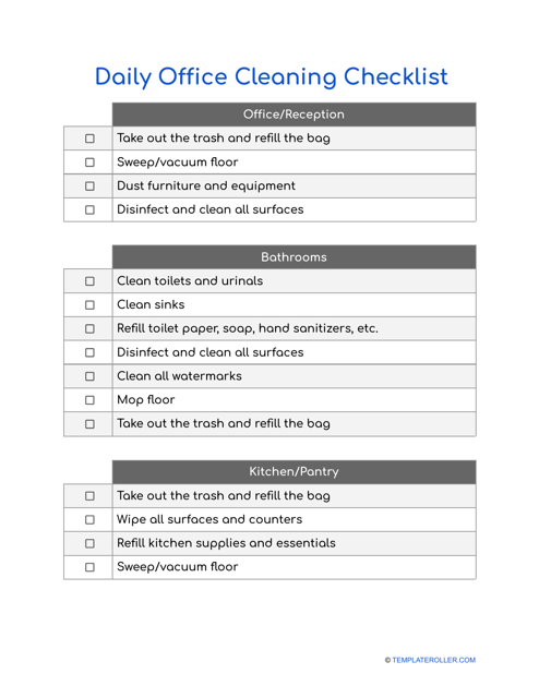 Daily Office Cleaning Checklist Template