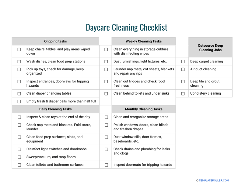 Daycare Cleaning Checklist Template