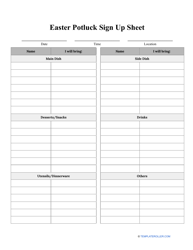 Document preview: Easter Potluck Sign up Sheet Template