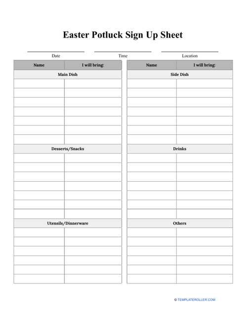 Easter Potluck Sign up Sheet Template