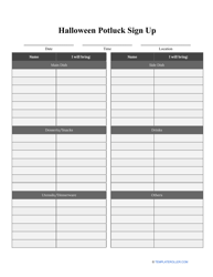 Document preview: Halloween Potluck Sign up Sheet