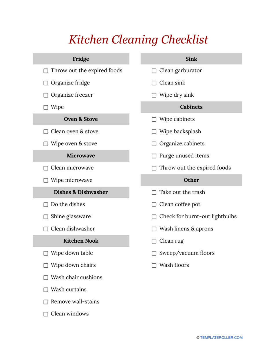 Kitchen Cleaning Checklist Template Red Download Printable PDF