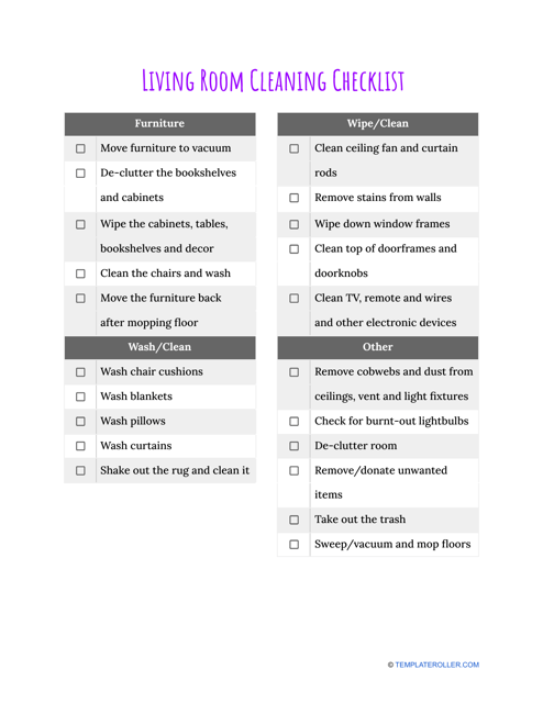 Living Room Cleaning Checklist Template