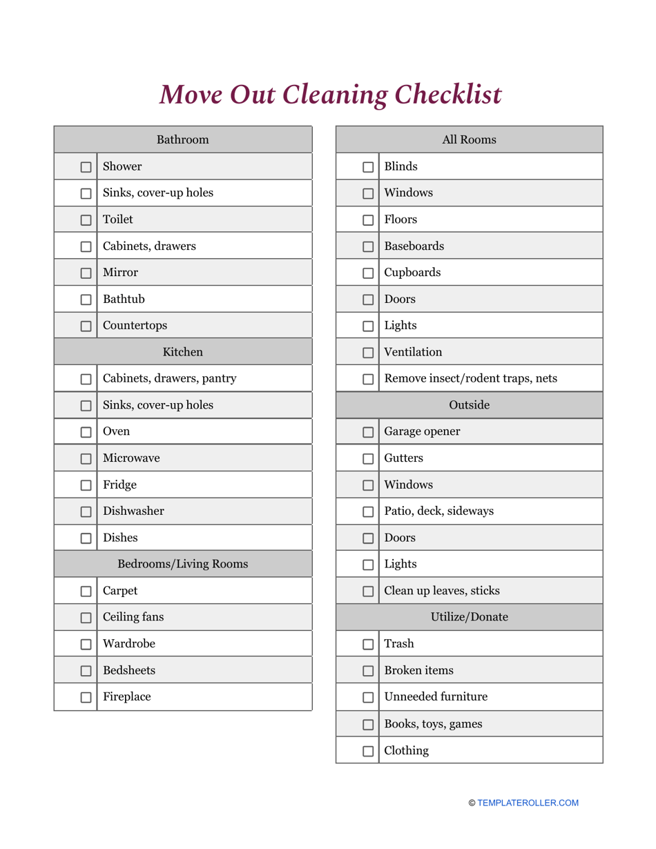 Move out Cleaning Checklist Template Download Printable PDF