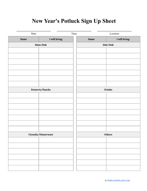 New Year's Potluck Sign up Sheet Template