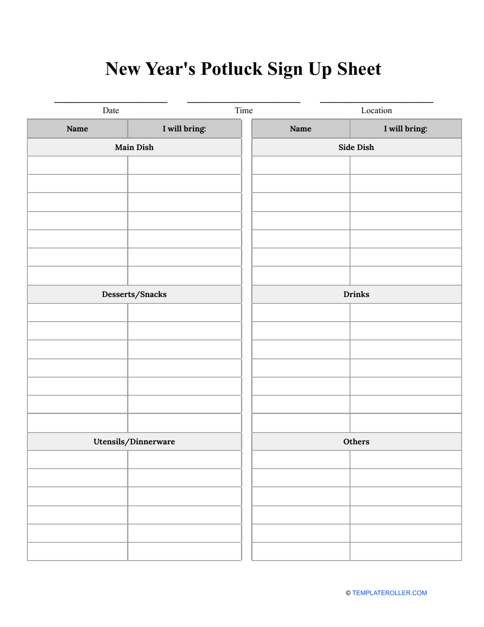 New Year's Potluck Sign up Sheet Template Download Printable PDF |  Templateroller