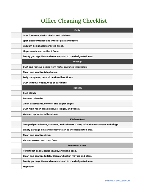Office Cleaning Checklist Template - A comprehensive checklist for maintaining a clean and organized office space.