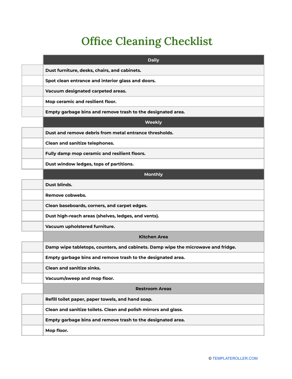 Office Cleaning Checklist Template - A comprehensive checklist for maintaining a clean and organized office space.